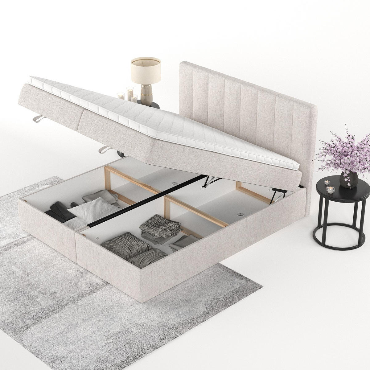 BOXBETT Lusso 200/200 cm Hellbeige im Neve Stoff - Sandfarben/Schwarz, Holz/Holzwerkstoff (200/200cm) - AltaBeds