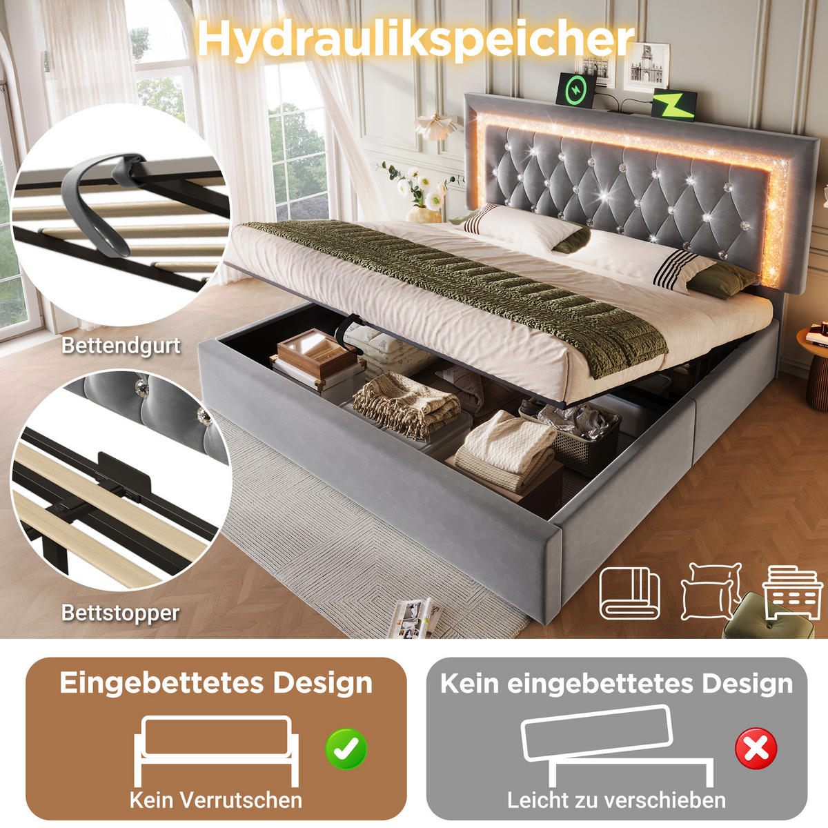 POLSTERBETT 90/200 cm aus MDF und Leinen mit LED Ausziehbett und 3 Schubladen Beige - Beige, Textil (90/200cm) - Modenvie