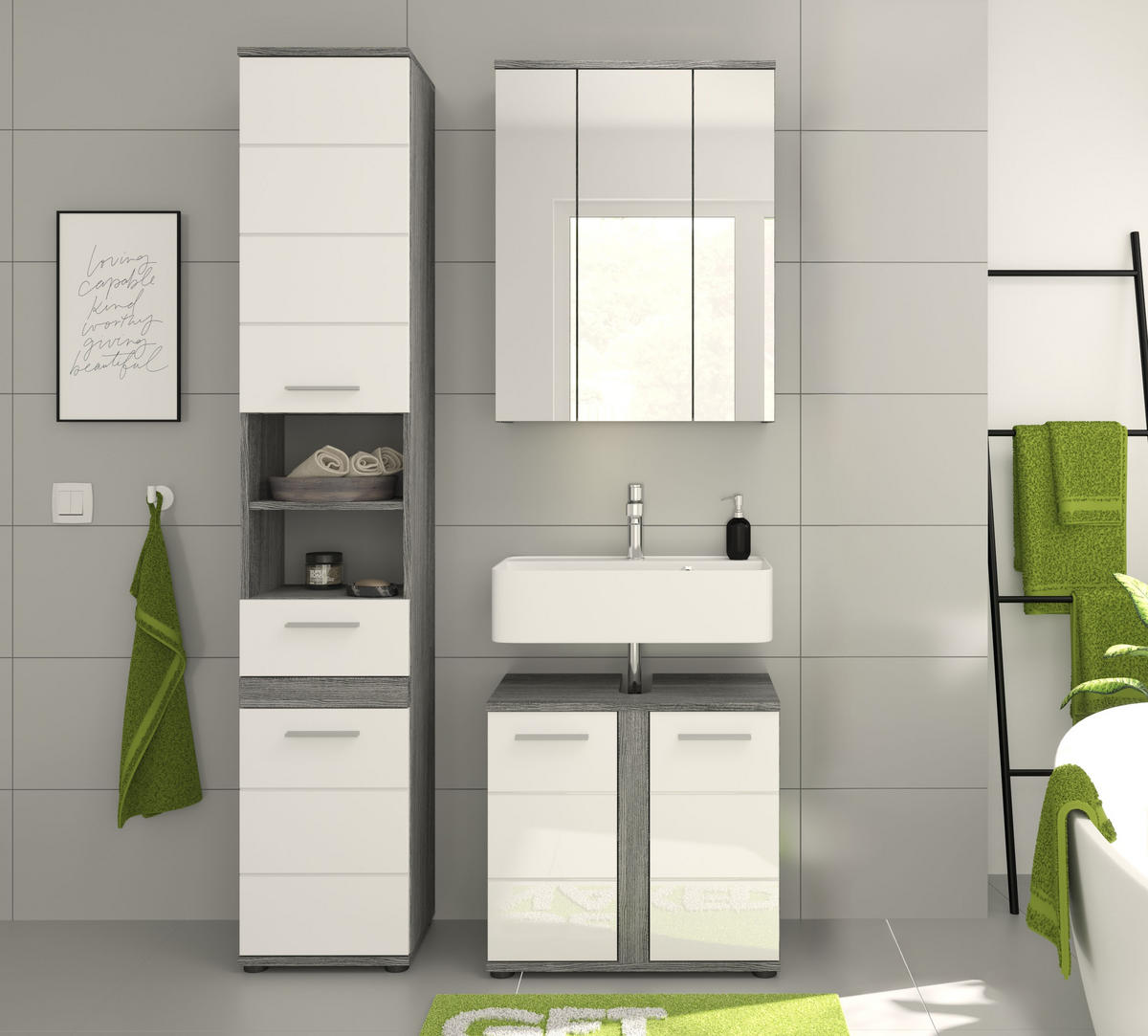 BADKOMBINATION 3tlg. Blake Bad in Rauchsilber Nachbildung und weiß hochglanz B/H/T: 114x191x34 cm - Anthrazit, Holz (114/191/34cm)