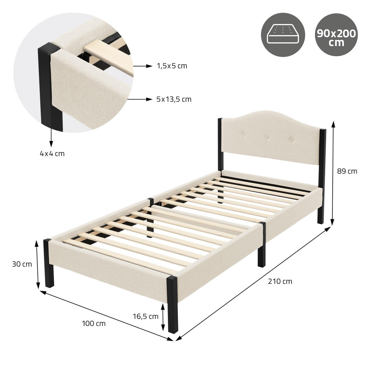 POLSTERBETT 90x200 cm Beige mit Lattenrost und Leinenstoff - Beige, Holzwerkstoff/Textil (90/200cm) - ML-DESIGN