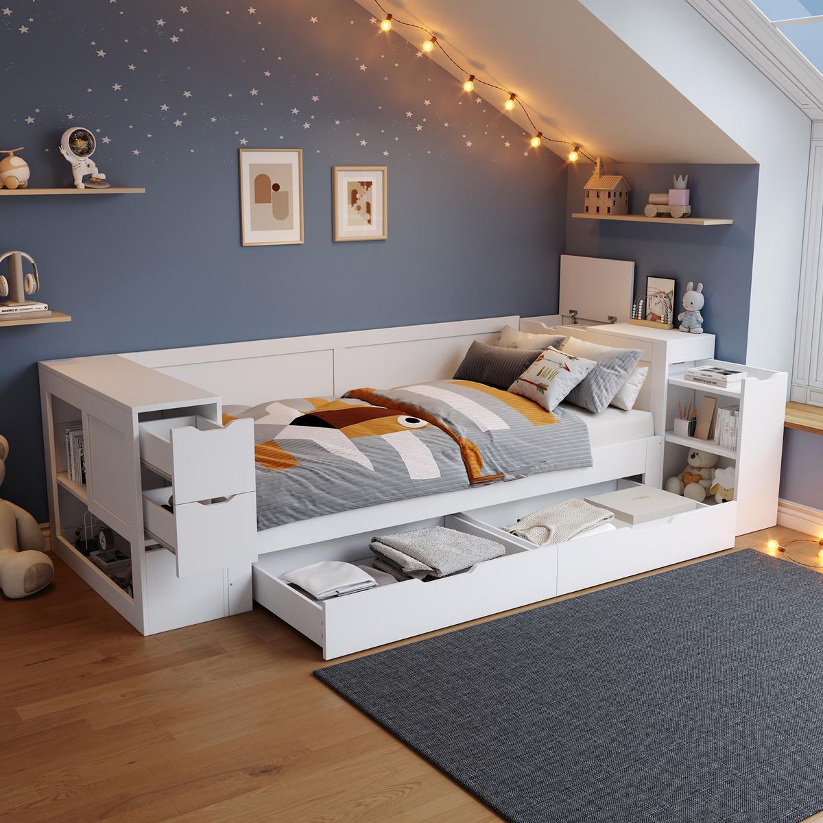 KINDERBETT Liegefläche 90/190 cm aus MDF mit Schubladen und Stauraum - Weiß, Holzwerkstoff (90/190cm) - BEAOK