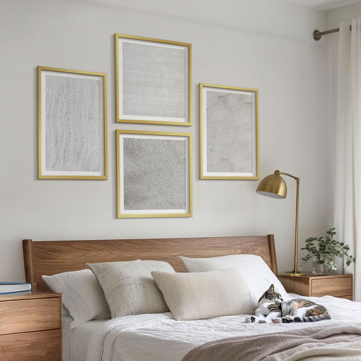 WANDBILDER 4er Set - 50x50 cm & 40x60 cm Goldrahmen - Sandmuster geometrische Strukturen - Goldfarben, Kunststoff (50/50cm) - ArtPrintCave