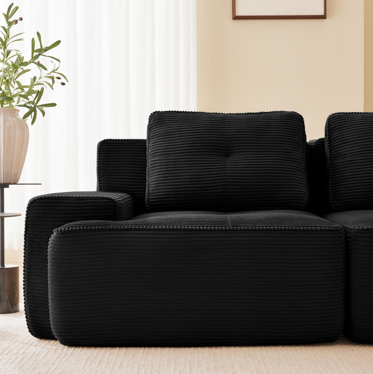 ECKSOFA 382/177/69 cm schwarz aus Cord mit 74 cm Tiefsitz und Chaiselongue - Schwarz, Textil (177/382cm) - OKWISH