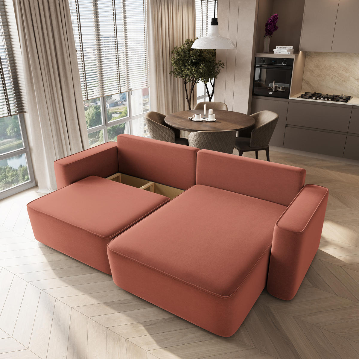 ECKSOFA BELISE CL Koralle Veloursstoff mit Schlaffunktion - Koralle, Holz/Textil (252/162cm) - MASSENO
