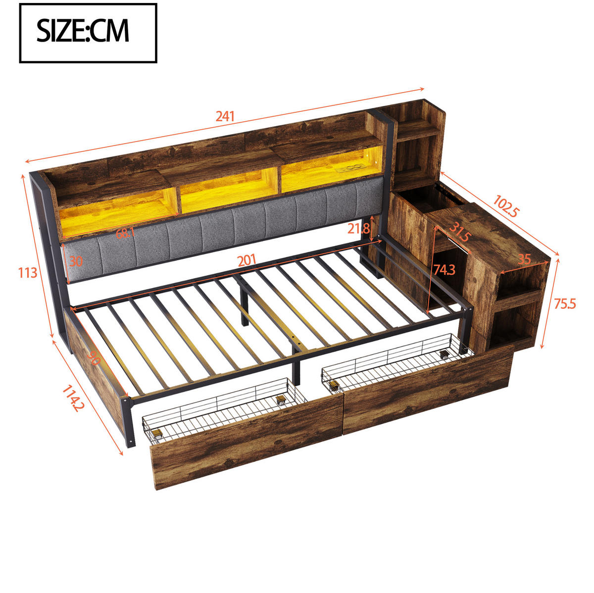 BETT 90/200 cm aus Metall mit Schreibtisch, Stauraum und Steckdosen, farbe - Naturfarben, Metall (90/200cm) - Redom