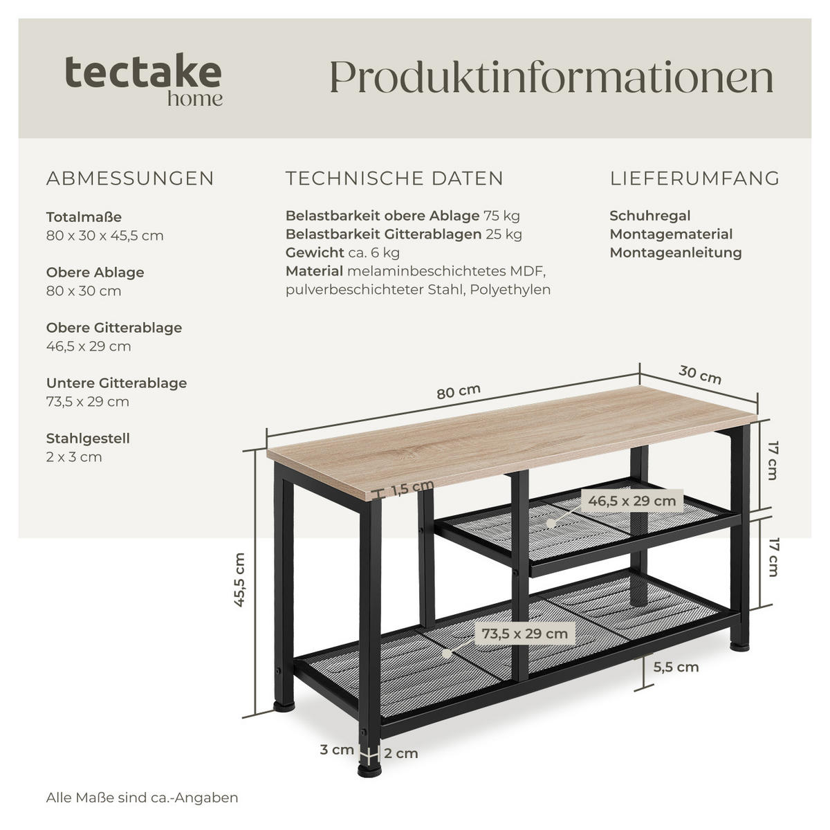 SCHUHREGAL Taunton,80 x 30 x 45,5 cm,Industrial Holz hell, Eiche Sonoma - Naturfarben, Holz (30/45.5/80cm) - tectake
