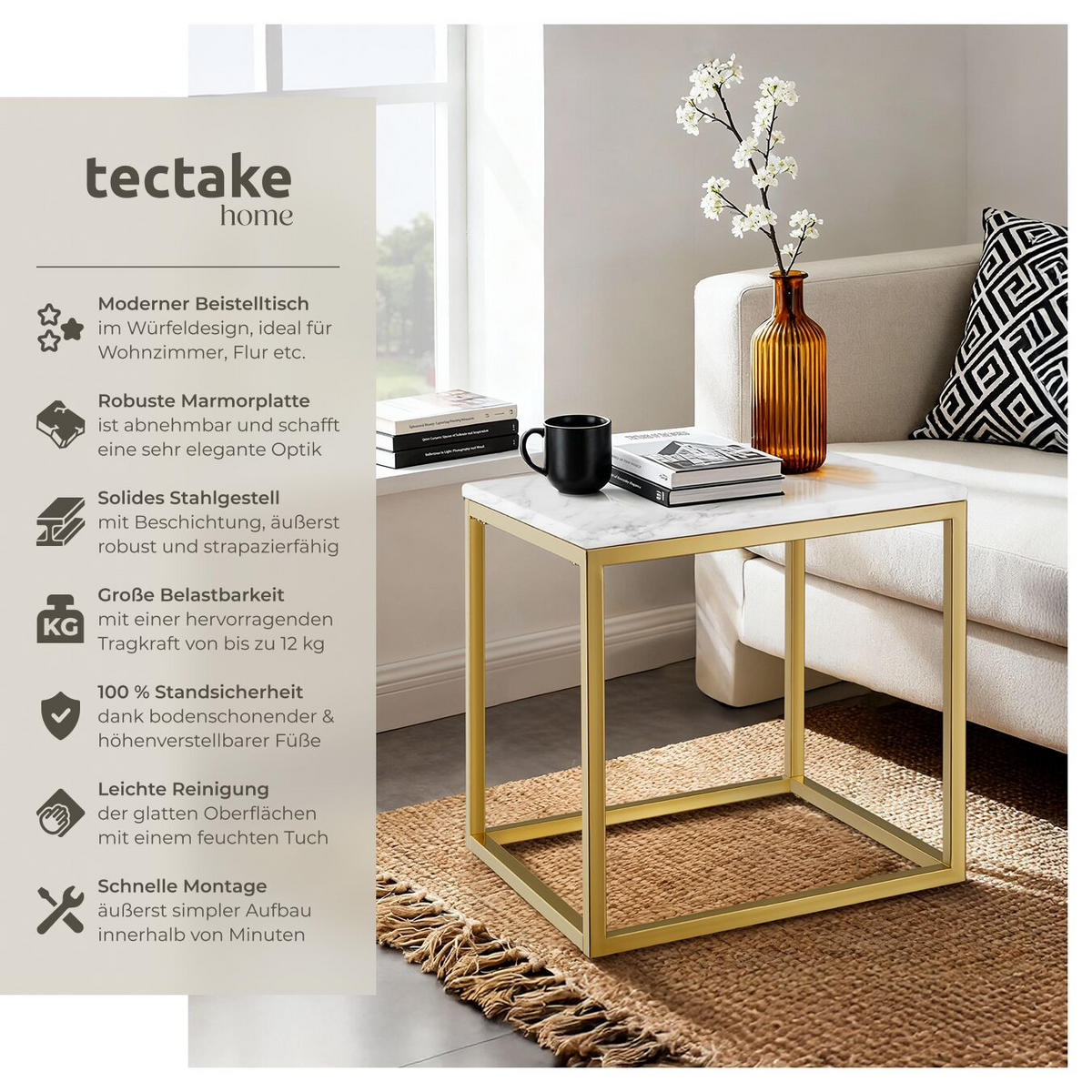 MARMOR-BEISTELLTISCH Alysia,mit höhenverstellbaren Kunststofffüßen,gold/weiß - Goldfarben/Weiß, Stein (45/45/47.5cm) - tectake