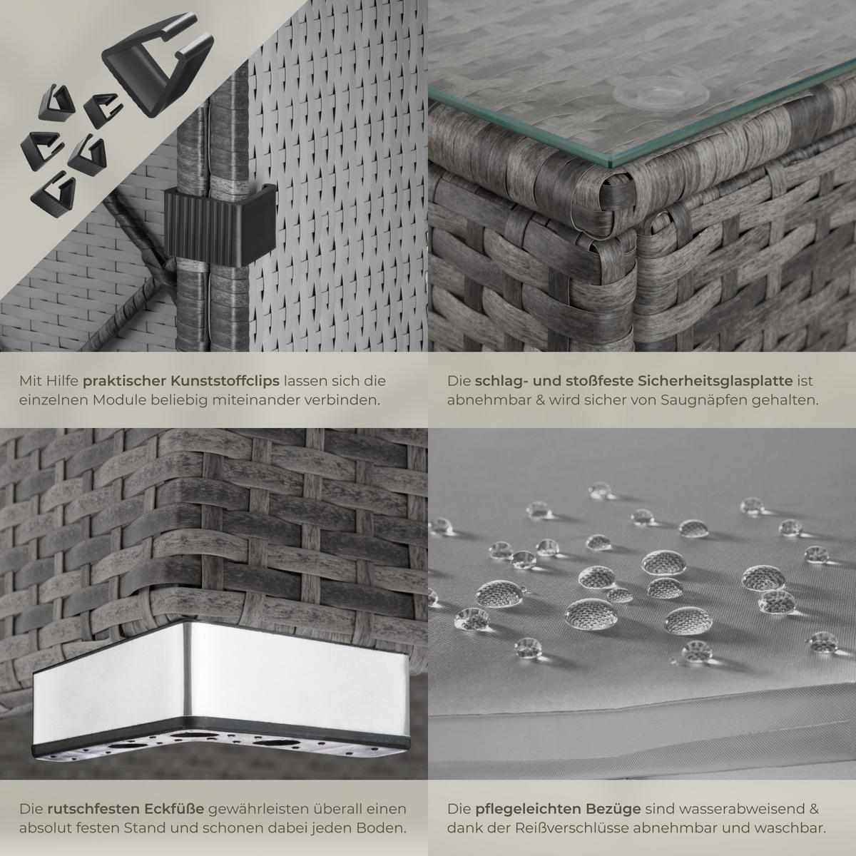 RATTANLOUNGE Venedig, mit Sicherheitsglasplatte, grau - Grau, Kunststoff - tectake