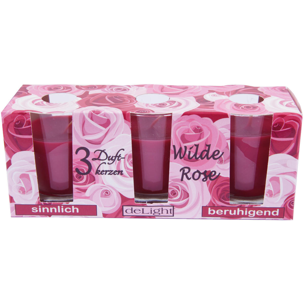 DUFTKERZEN im Glas "Classic" 3er Pack Wilde Rose - Hellrot, Naturmaterialien (4.5/6.5cm)