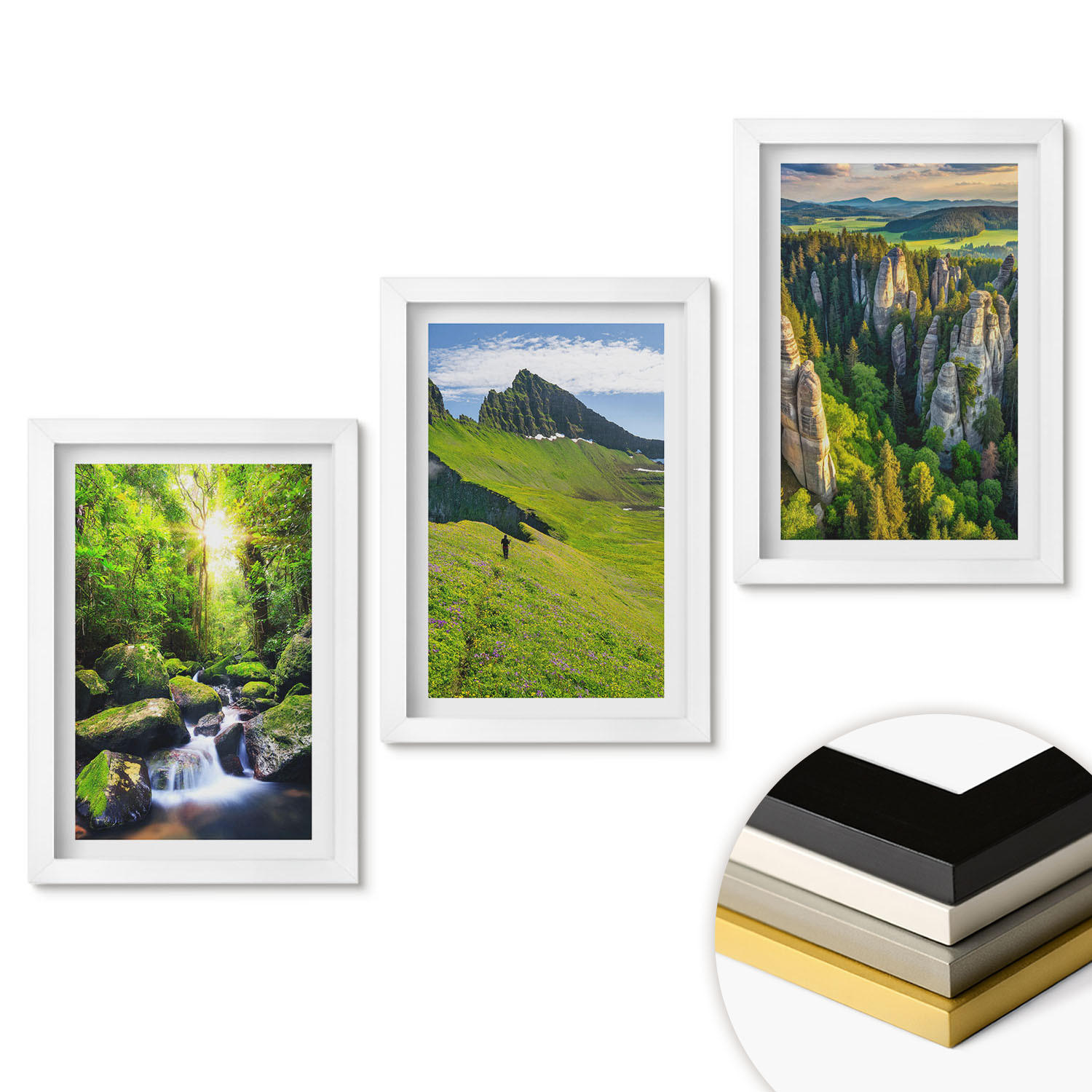 WANDBILDER 3er-Set - 20x30 cm Weißer Rahmen - Grüne Berge Wasserfallwald - Weiß, Kunststoff (20/30cm) - ArtPrintCave