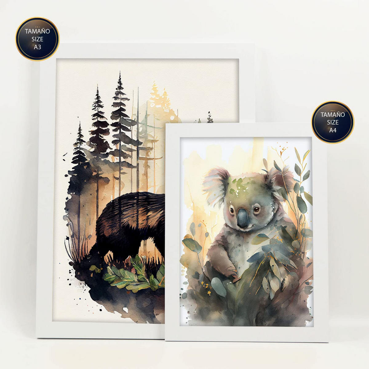 POSTER Set Mit 6 Unabhängige Kreaturen Illustrationen Von Tieren In Naturlandschaften, Realistischer Aquarellstil A3 & A4 Weißer Rahmen - Weiß, Papier (29/3cm) - Nacnic