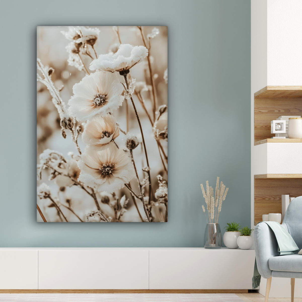 LEINWANDBILD Blumen - Winter - Weiß - Schnee - Beige 80x120 cm - Creme, Textil (80/120cm) - MuchoWow