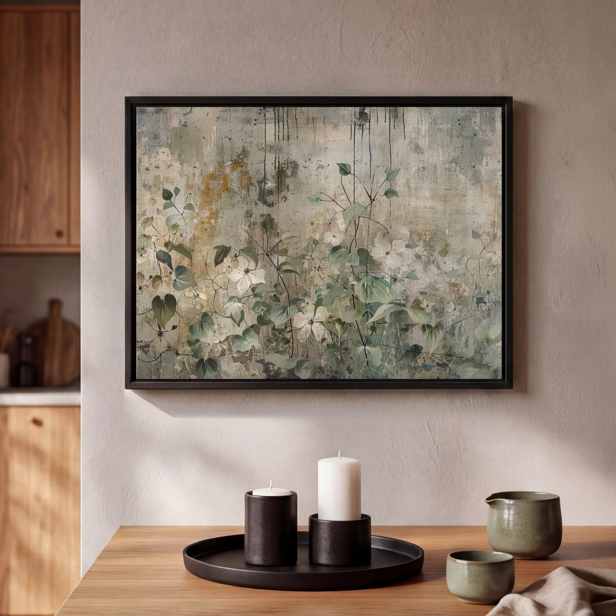 LEINWAND Bilder mit Rahmen - Blumen - Blätter - Abstrakt - Modern - 40x30 - Grau, Textil (40/30cm) - MuchoWow