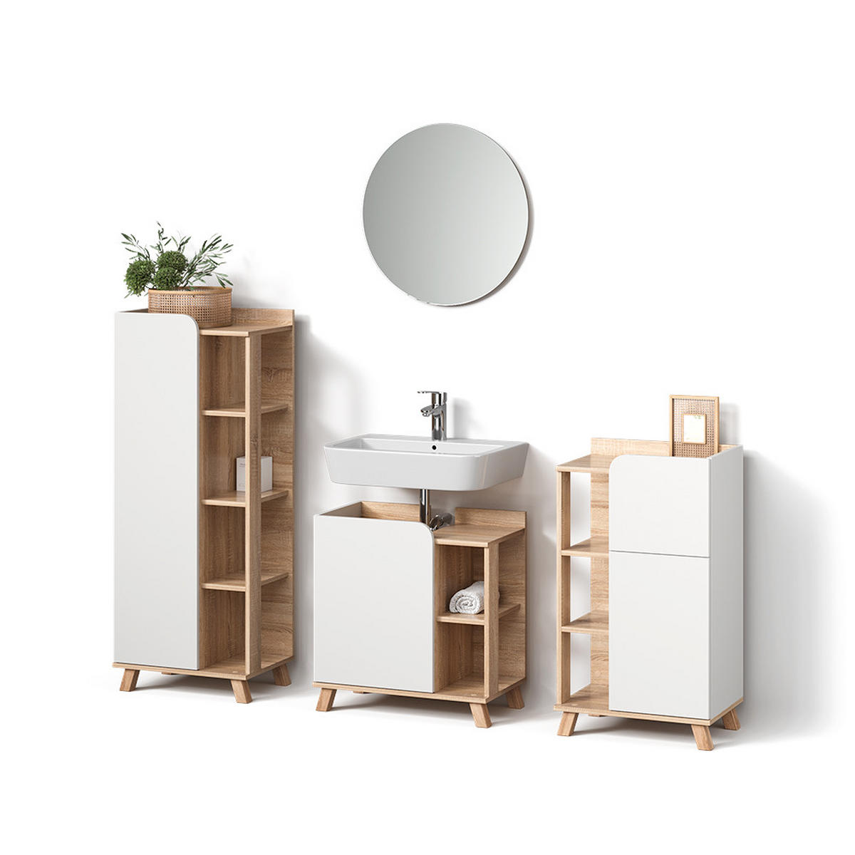 BADMÖBEL-SET Marano Sonoma/Weiß 4 Teile - Weiß/Sonoma Eiche, Holzwerkstoff (60/65/35cm) - Livinity®