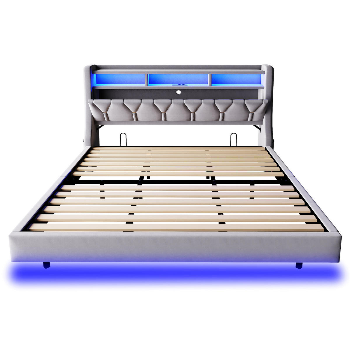 POLSTERBETT 180/200 cm DE-01666, in Hellgrau, mit Klappkopfteil, Steckdose und LED-Beleuchtung - Hellgrau, Holzwerkstoff (180/200cm) - ComfortXL