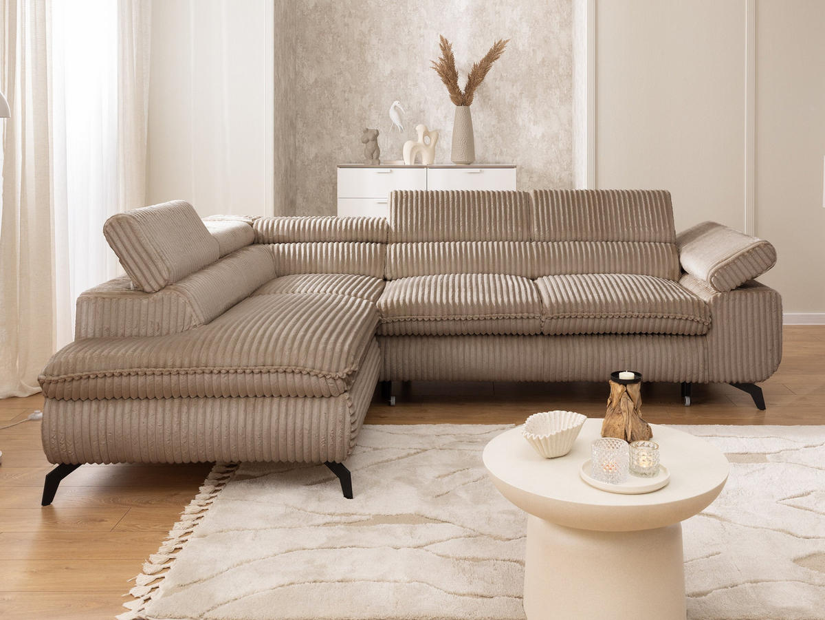 ECKSOFA mit Schlaffunktion und Bettkasten Bonnie aus Beige Cord-Stoff mit verstellbaren Kopfstützen und Armlehne - Ottomane links - Ecru/Beige, Holz/Textil (275/210cm) - S-Style Möbel