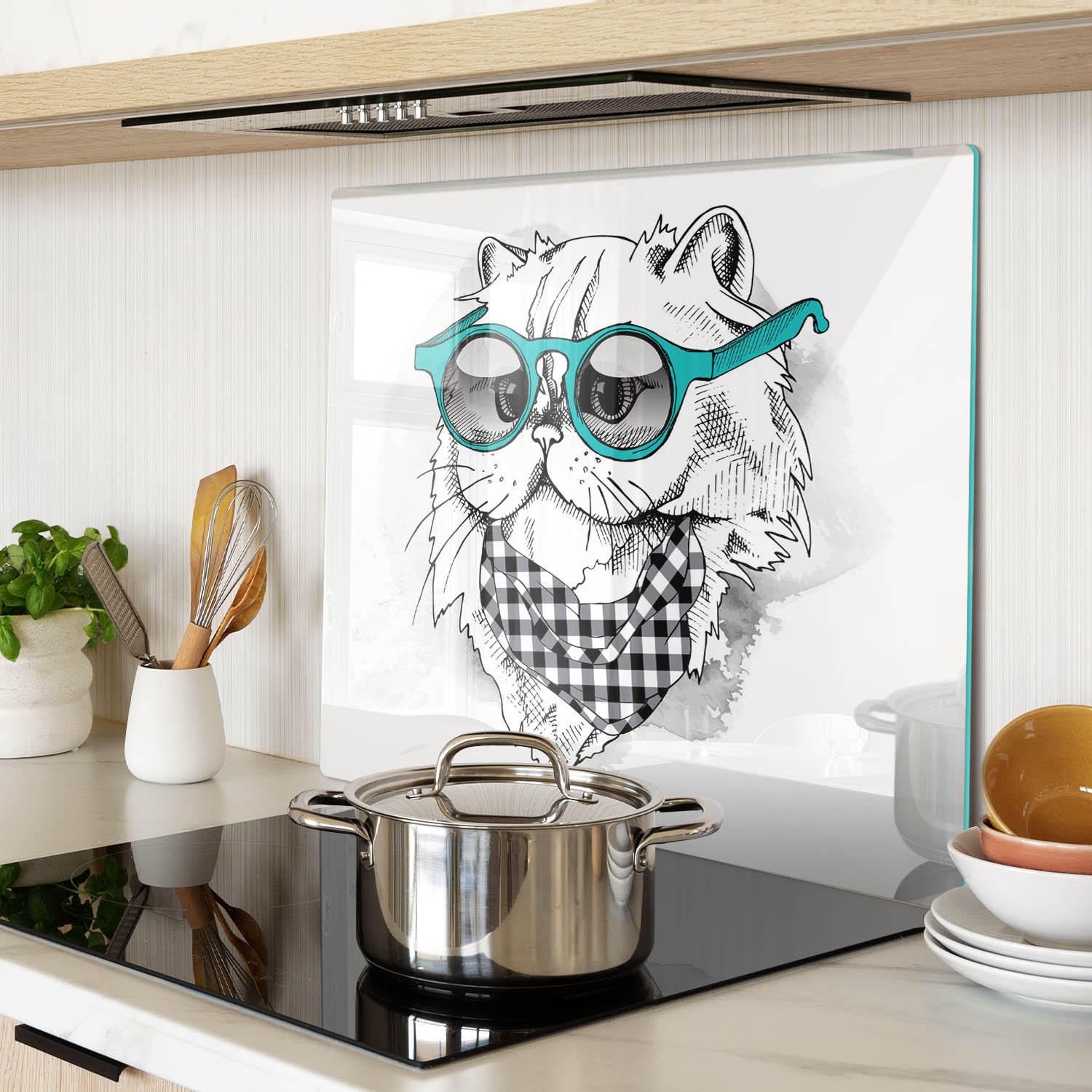GLASPLATTE 60x52 cm Katze mit Brille - Blau, Glas (60/52cm) - TULUP