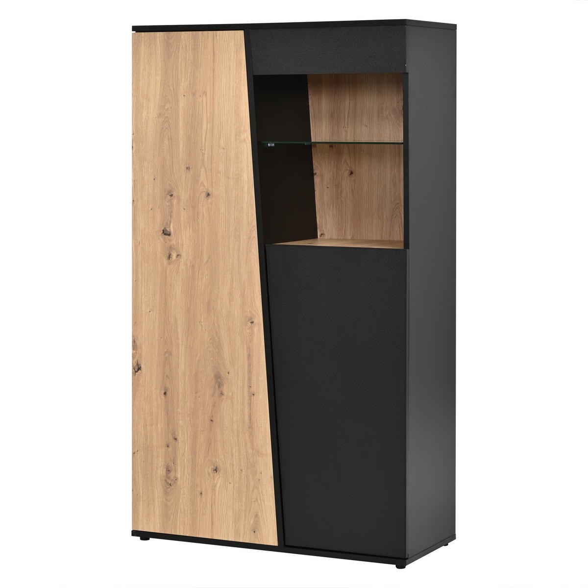 VITRINENSCHRANK 80/35/139,5 cm mit LED, Glastüren und verstellbaren Glasböden in Schwarz-Naturholzoptik - Schwarz/Naturfarben, Glas/Holzwerkstoff (80/139.5/35cm) - CHICFURN