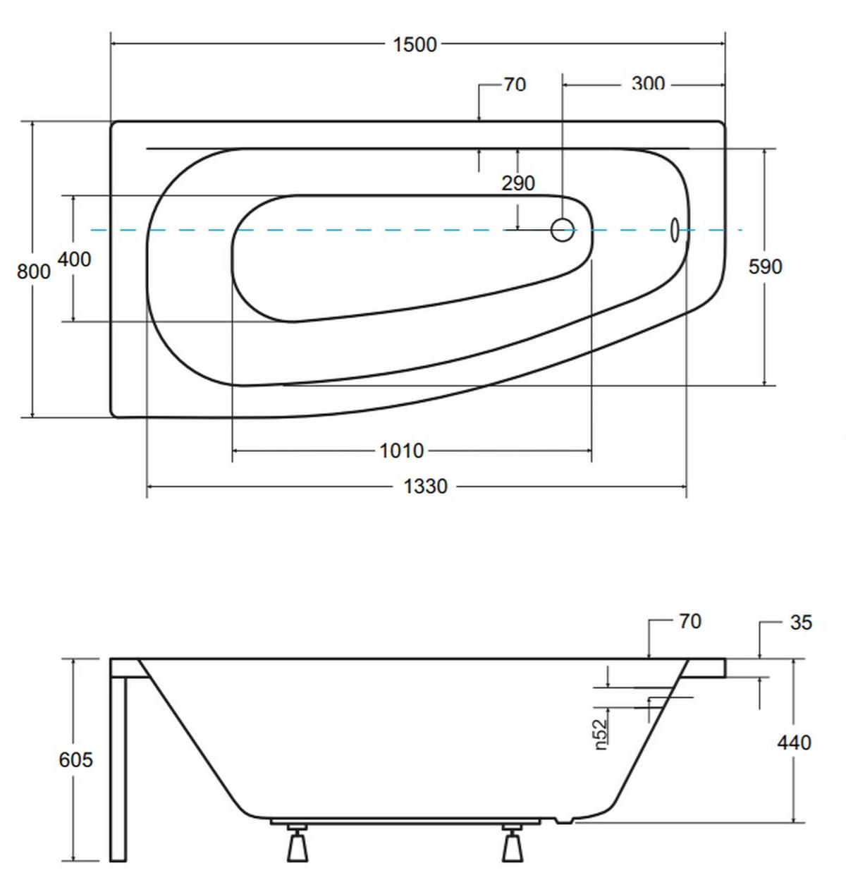 BADEWANNE Eckwanne LUNA 150/80 Links Ablauf & Füße - Weiß, Kunststoff (80/60.5/150cm) - bad land