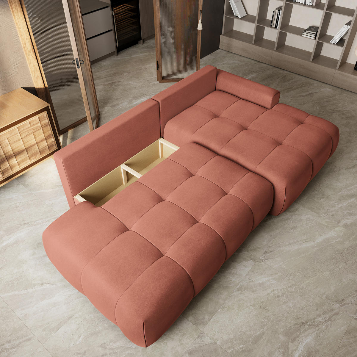 ECKSOFA FLUMA CL R-S Koralle Samtstoff mit Schlaffunktion - Koralle, Holzwerkstoff/Textil (279/158cm) - MASSENO