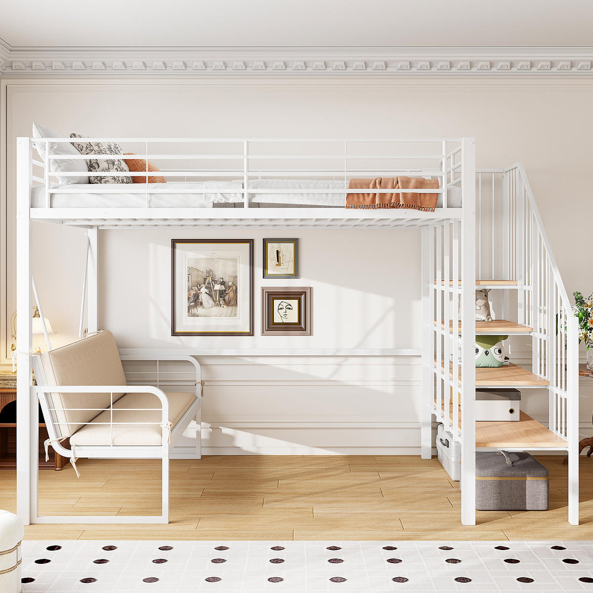 HOCHBETT 140/200 cm DE-01525, in Weiß, mit Polstersofa, Stauraum und Sicherheitstreppe - Weiß, Metall (140/200cm) - ComfortXL