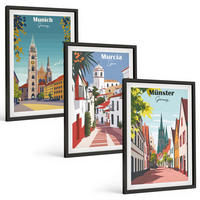 BILDER SET 3er Set - 40x60 cm Schwarzer Rahmen - Europäische Städte in farbigen Zeichnungen - Schwarz, Kunststoff (40/60cm) - TULUP