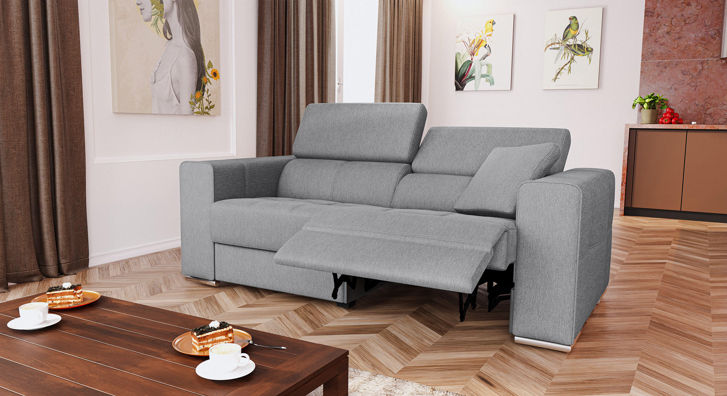 SOFA QUARTZ 3-Sitzer mit 1 Relaxfunktion, grau - Silberfarben/Grau, Holzwerkstoff/Textil (204/80/102cm) - Courtois Laville