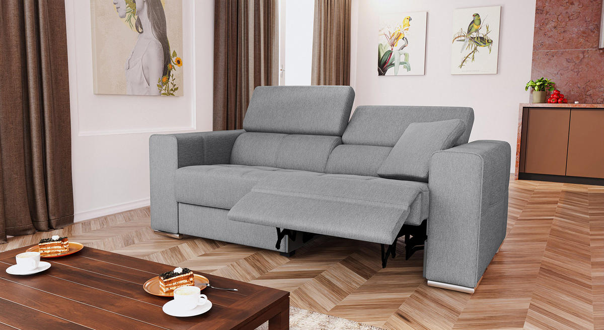 SOFA QUARTZ 3-Sitzer mit 1 Relaxfunktion, grau - Silberfarben/Grau, Holzwerkstoff/Textil (204/80/102cm) - Courtois Laville