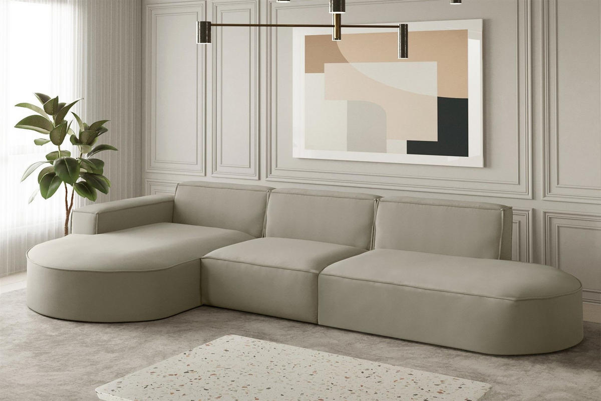 ECKSOFA Ottomane Palma Opera Velvet - Perlmutt, Holzwerkstoff/Textil (296/165cm) - Fun Möbel