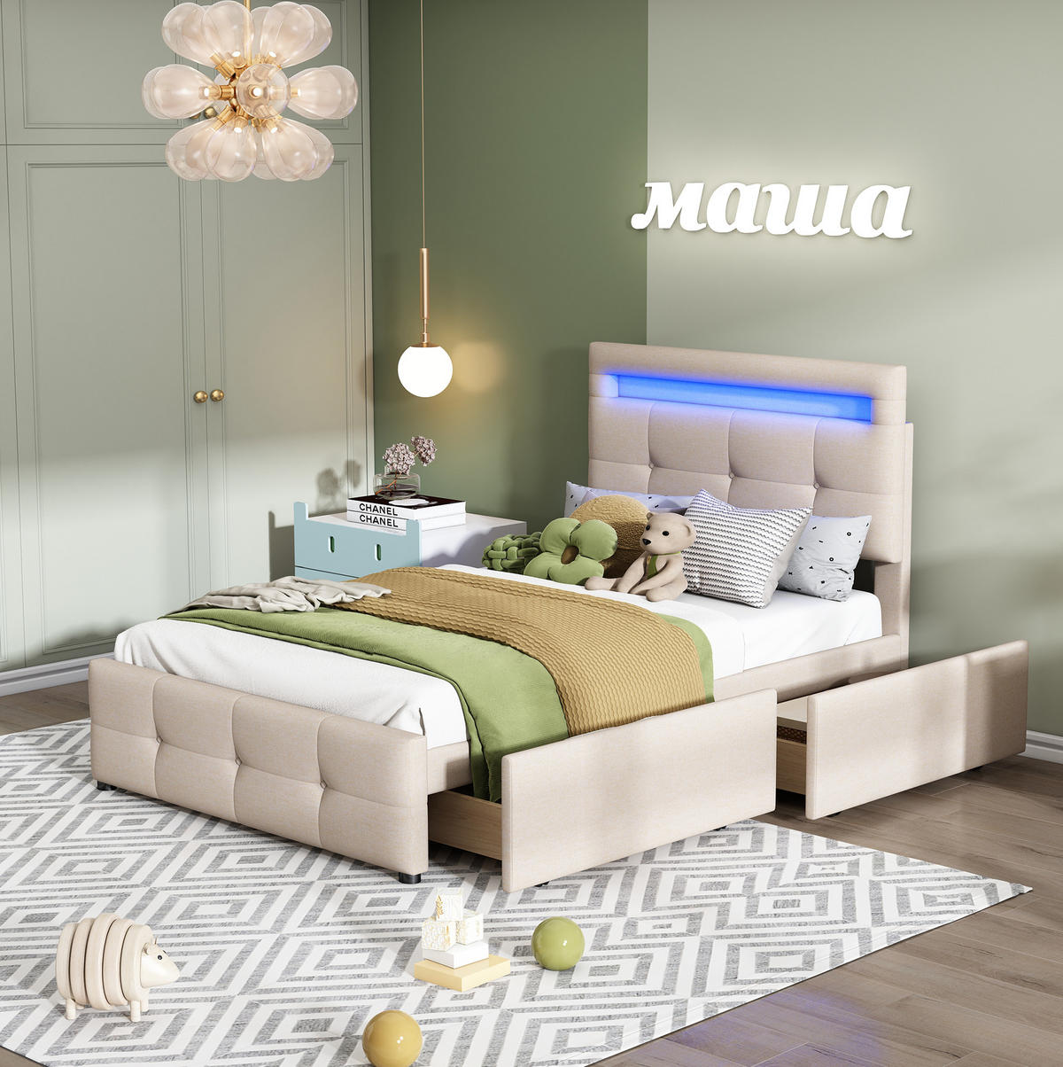 POLSTERBETT mit LED-Beleuchtung 90/200 cm in Beige mit 2 Schubladen - Beige, Holzwerkstoff (90/200cm) - BEAOK
