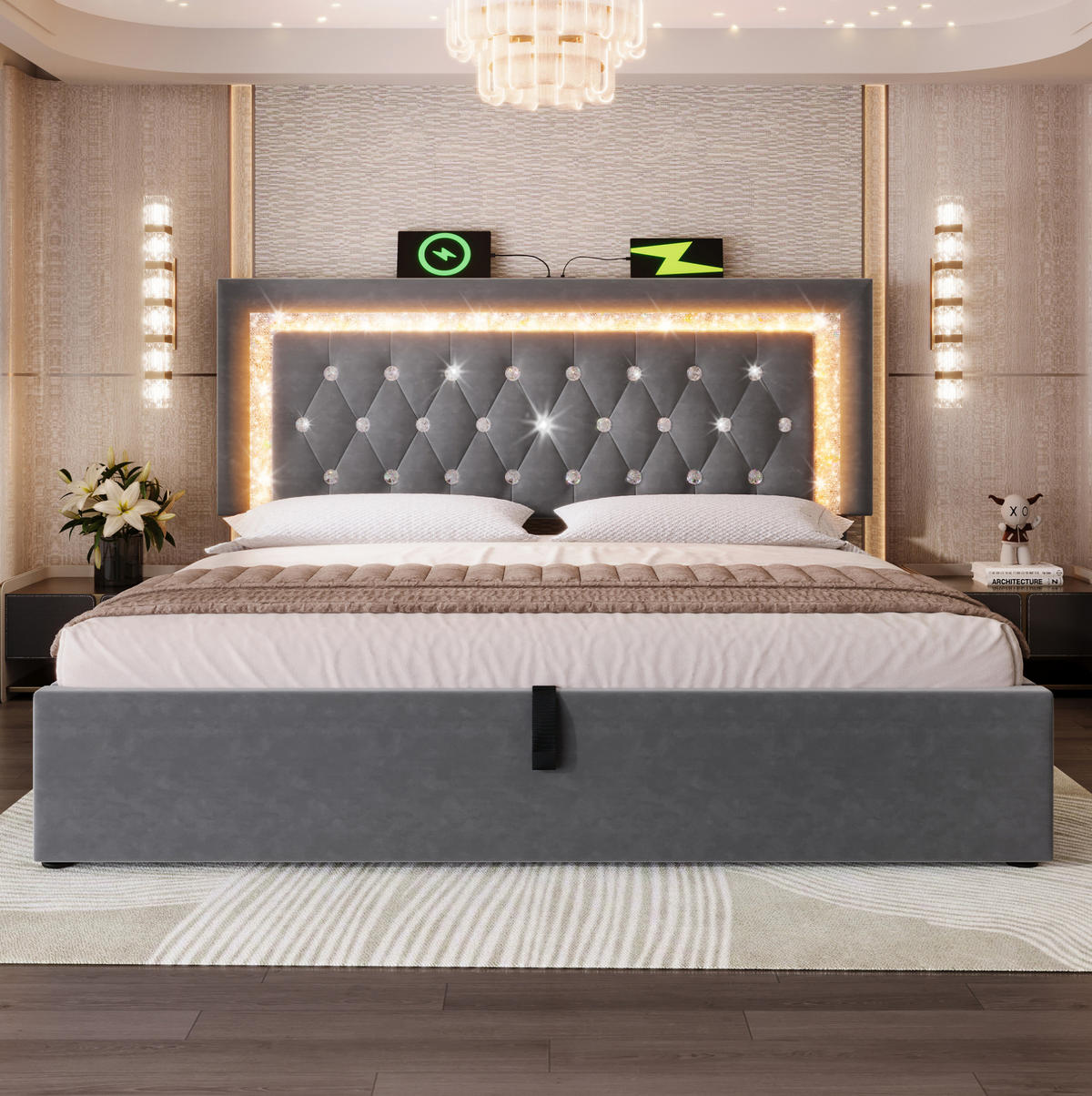 SAMT-POLSTERBETT 160/200 cm mit LED-Beleuchtung, Bettkasten und gepolstertem Kopfteil - Grau, Textil (160/200cm) - BEAOK