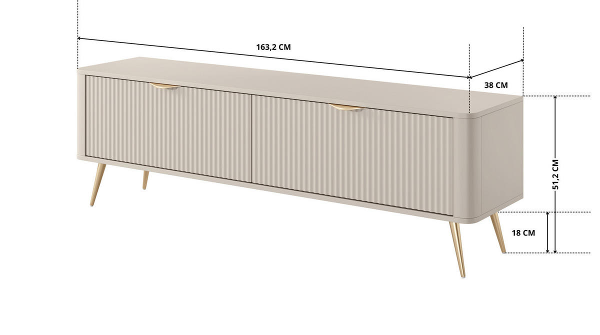 TV-LOWBOARD 163 cm Beige / Gold - mit geriffelten Fronten - 2 Türen - Beige/Gelb, Holz/Holzwerkstoff (163/51/38cm) - Ravio