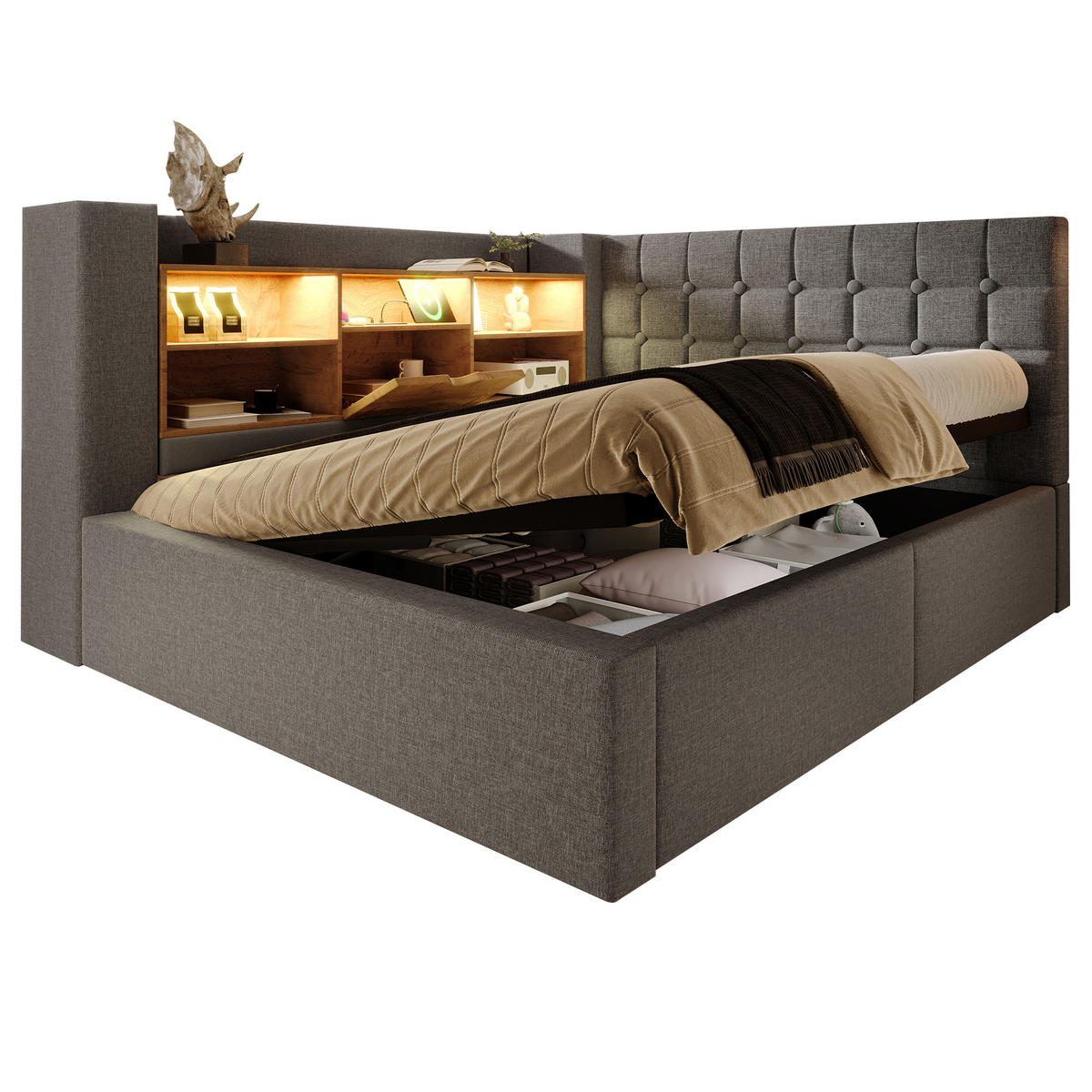 POLSTERBETT 140/200 cm in Grau mit LED, USB-C und Stauraum Leinen - Grau, Holzwerkstoff/Textil (140/200cm) - CHICFURN