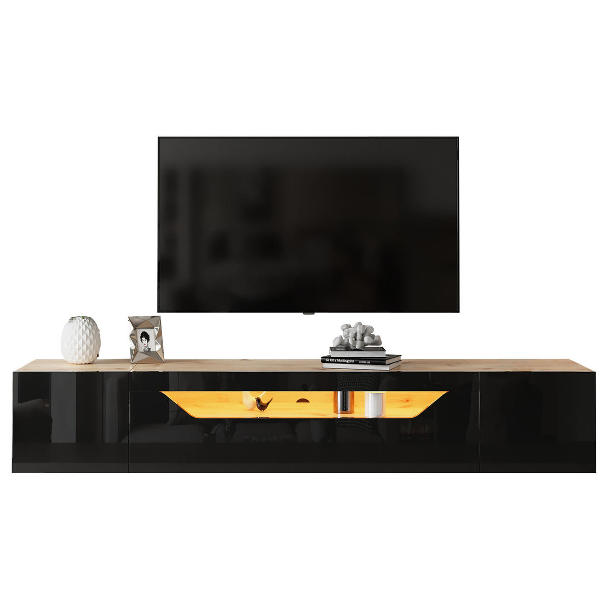 ZÁVĚSNÝ TV stolek 180/37/36 cm s LED osvětlením, vysokým leskem a víceúrovňovým úložištěm, Černá + přírodní dřevo - černá, kompozitní dřevo (180/36/37cm) - Redom