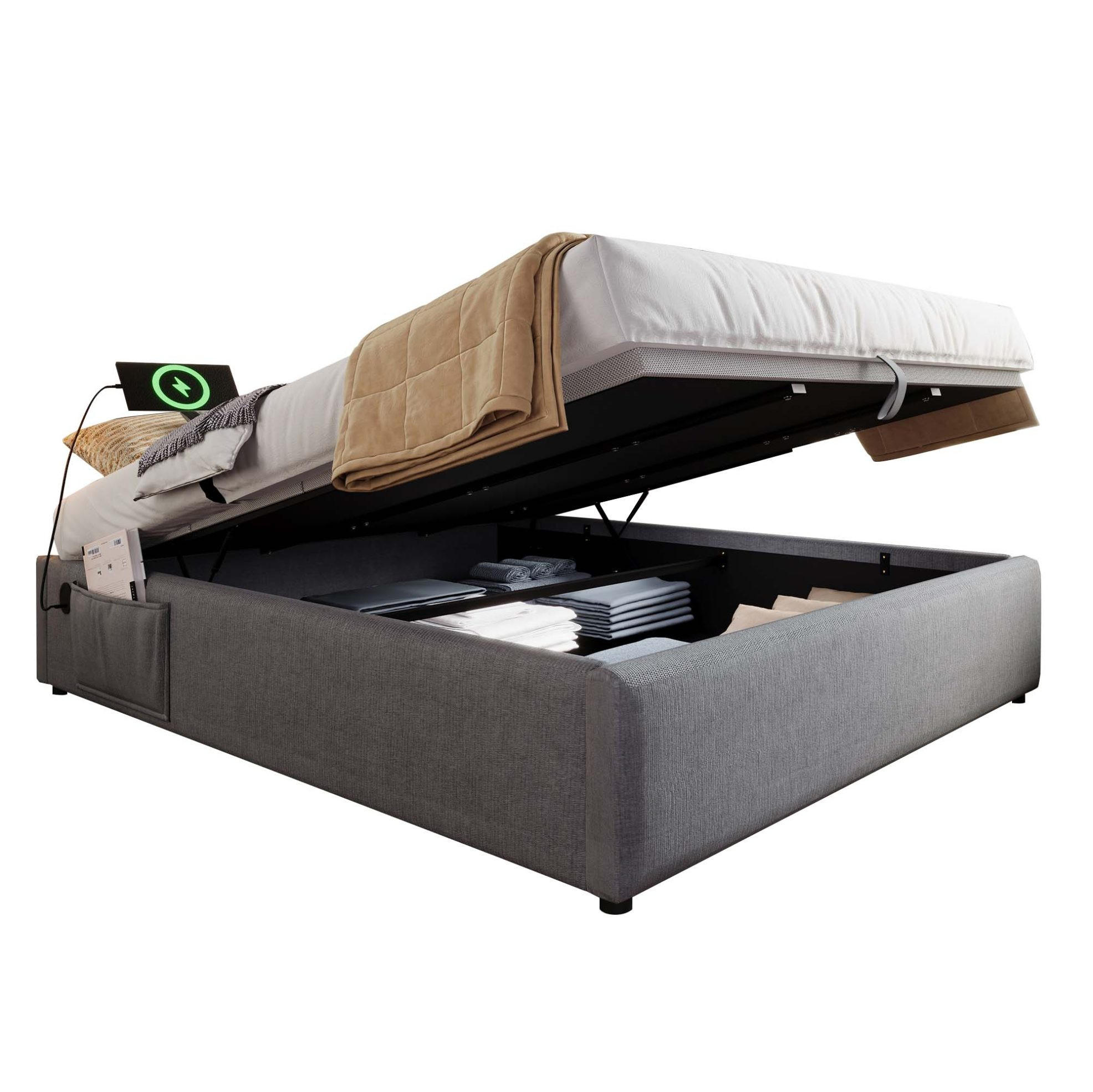 BETT mit Stauraum 160x200 cm Grau Baumwoll-Leinenstoff mit USB-C - Grau, Metall (160/200cm) - Meubliv