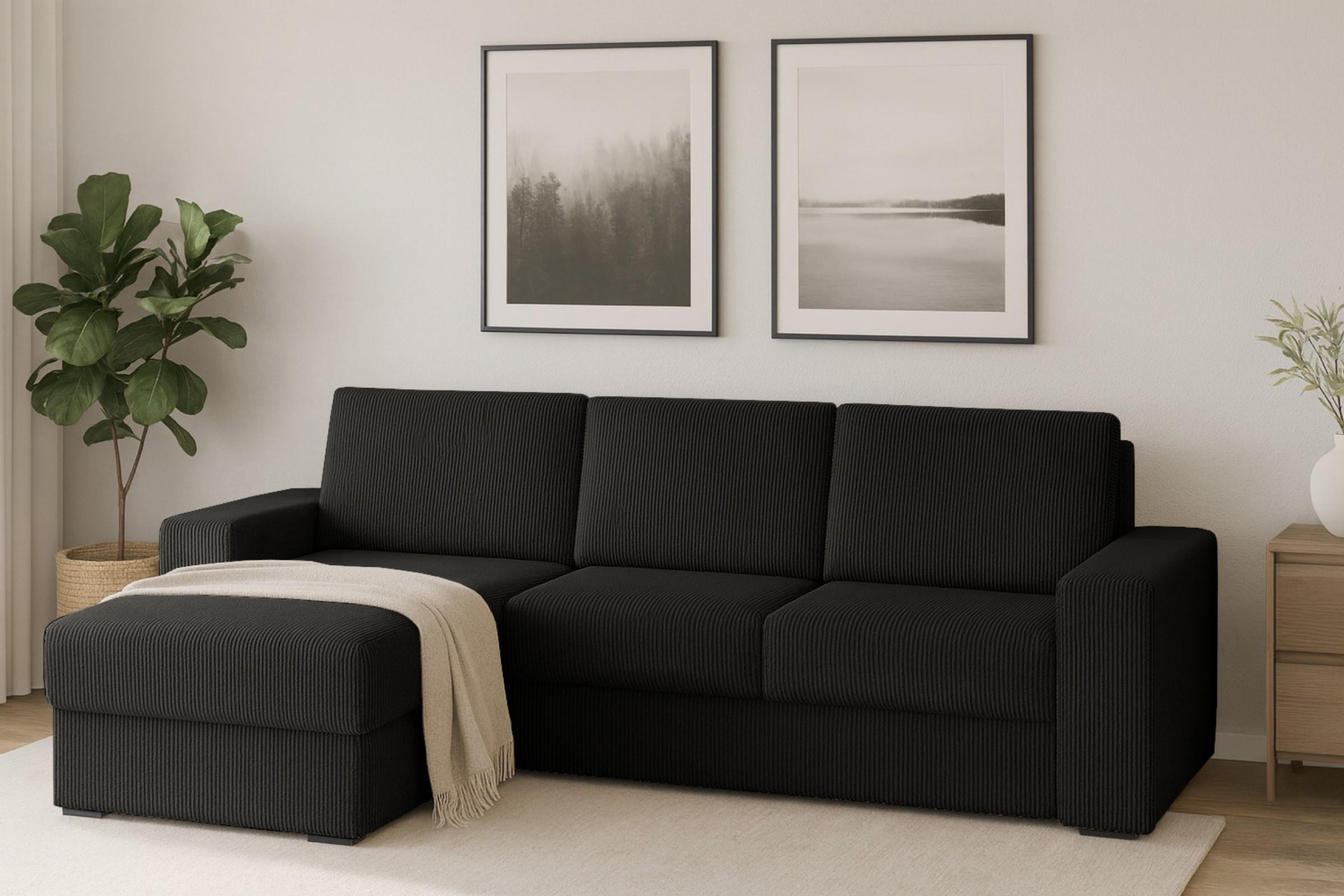 ECKSOFA TOCO L 240x145 cm in Cord Schwarz links - Schwarz, Holz/Holzwerkstoff (240/145cm) - Deine Möbel 24