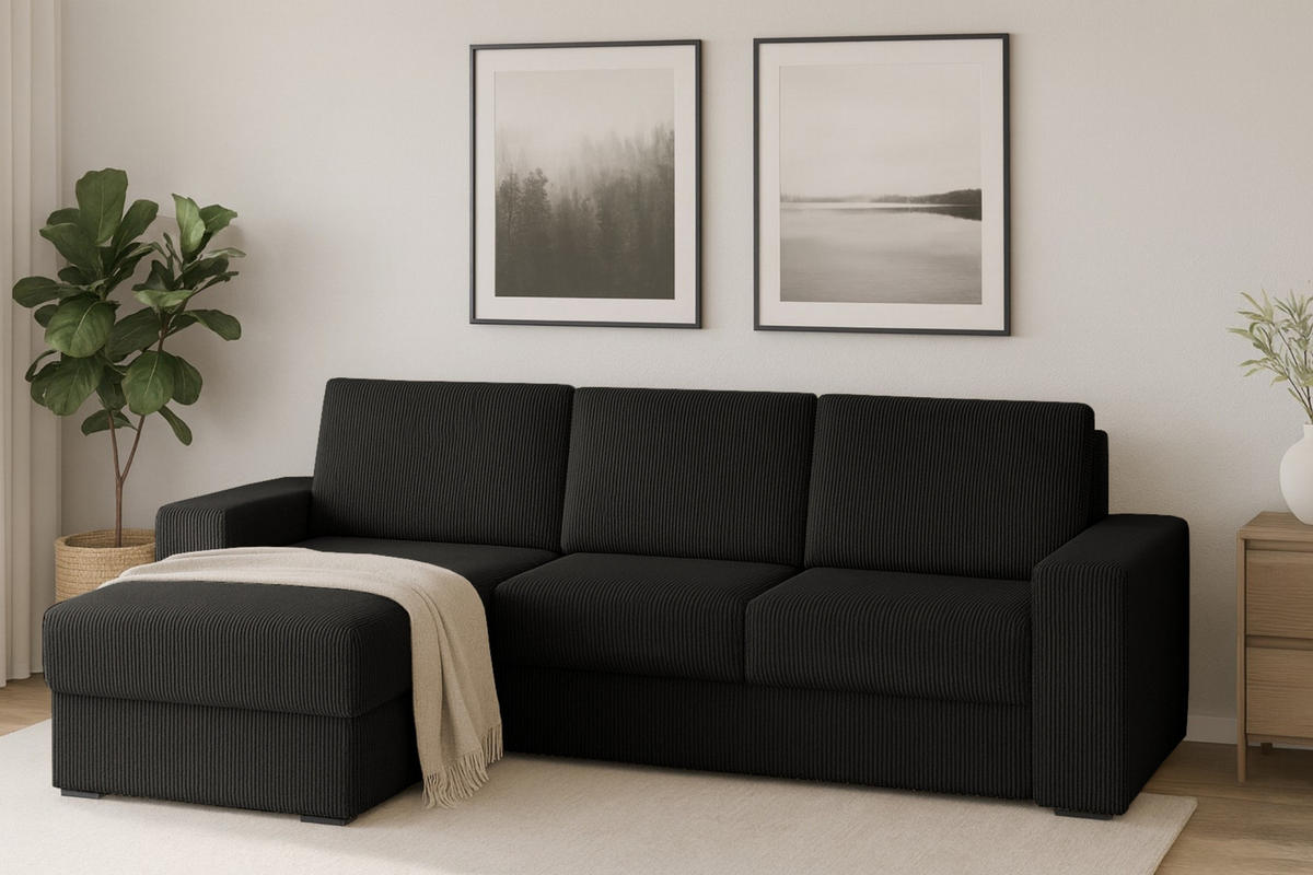 ECKSOFA TOCO L 240x145 cm in Cord Schwarz links - Schwarz, Holz/Holzwerkstoff (240/145cm) - Deine Möbel 24