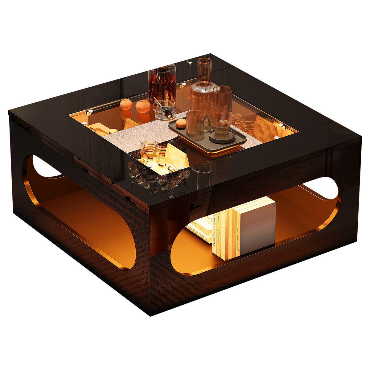 COUCHTISCH 70/70 cm mit LED-Beleuchtung und Ablagefach, Glasplatte, Schwarz - Schwarz, Holzwerkstoff (70/70/35cm) - BEAOK