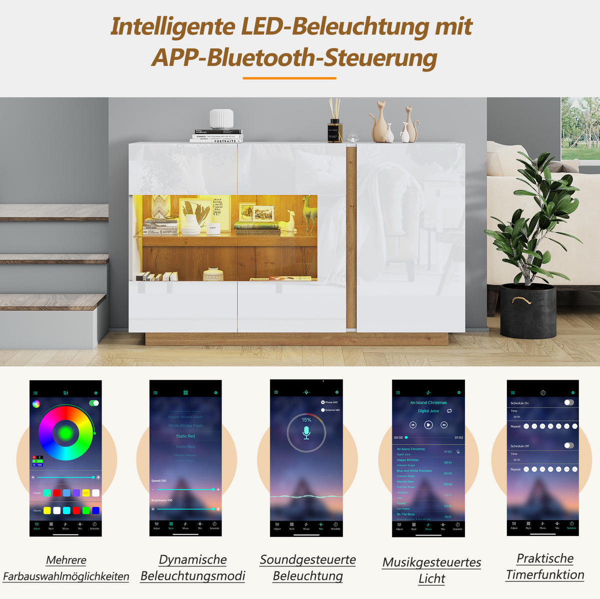 SIDEBOARD 138/38,5/90,5 cm weiß aus Spanplatte mit Glas und LED - Weiß, Holzwerkstoff (138/90.5/38cm) - OKWISH