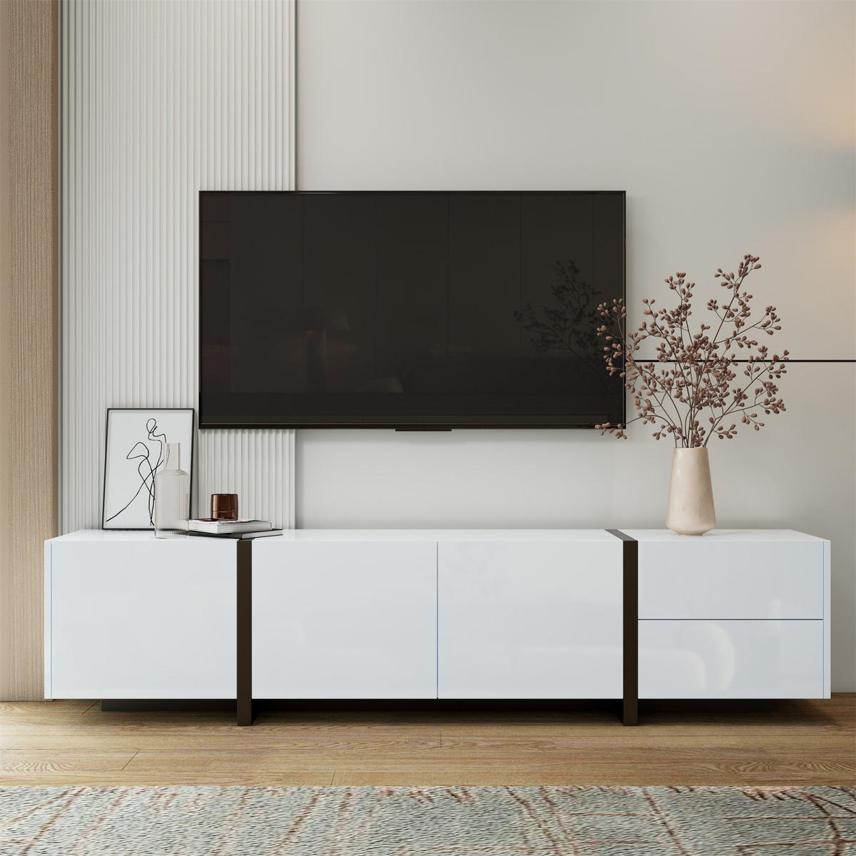 TV Lowboard LED 170x30x39 cm, Hochglanz, schwarze Füße, Weiß - Weiß, Holz (170/39/30cm)