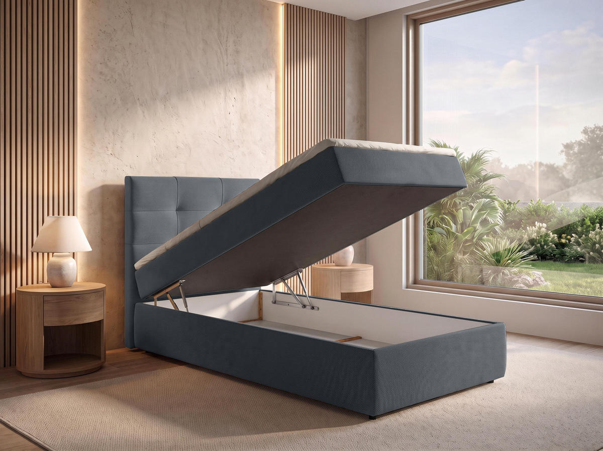 BOXBETT SAKARYA 100x200 cm mit Bettkasten und Matratze - Dunkelgrau + TOPPER - Dunkelgrau/Schwarz, Holz/Holzwerkstoff (100/200cm) - AX Living