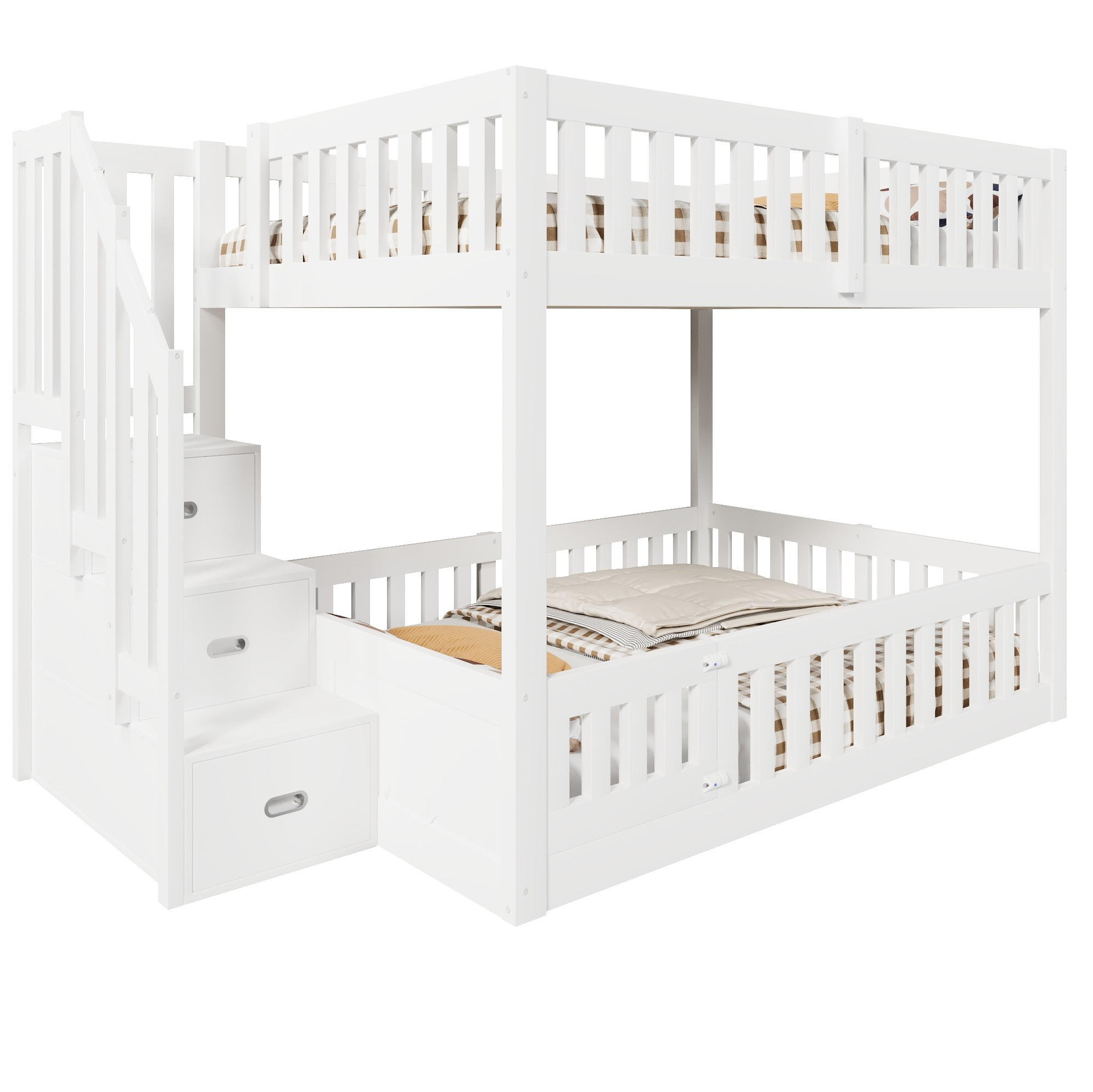 ETAGENBETT aus Kiefernholz und MDF 140x200 cm Weiß mit Stauraumtreppe - Weiß, Holzwerkstoff (140/200cm) - Modfu