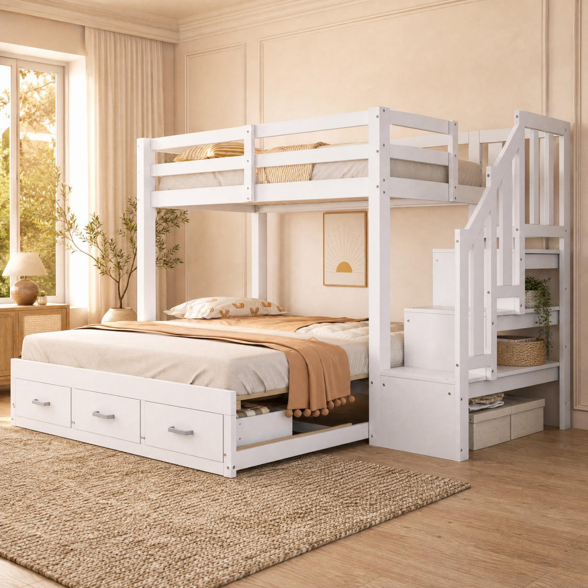 ETAGENBETT 90/200 mit Ausziehbettfunktion, Stauraumleiter und Schubladen in Weiß - Weiß, Holzwerkstoff (90/200cm) - EVRYAE