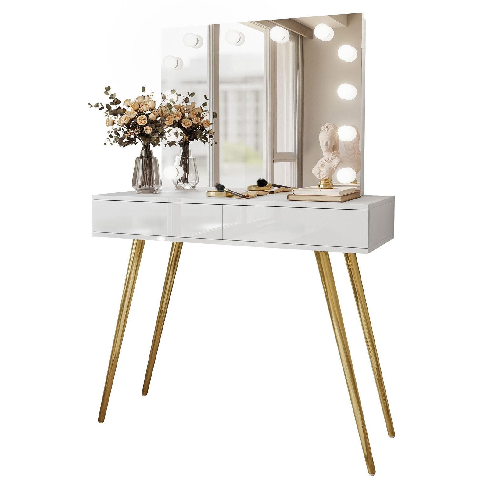 Lookway Schminktisch Gold, Weiß Hochglanz 100x81x42 cm