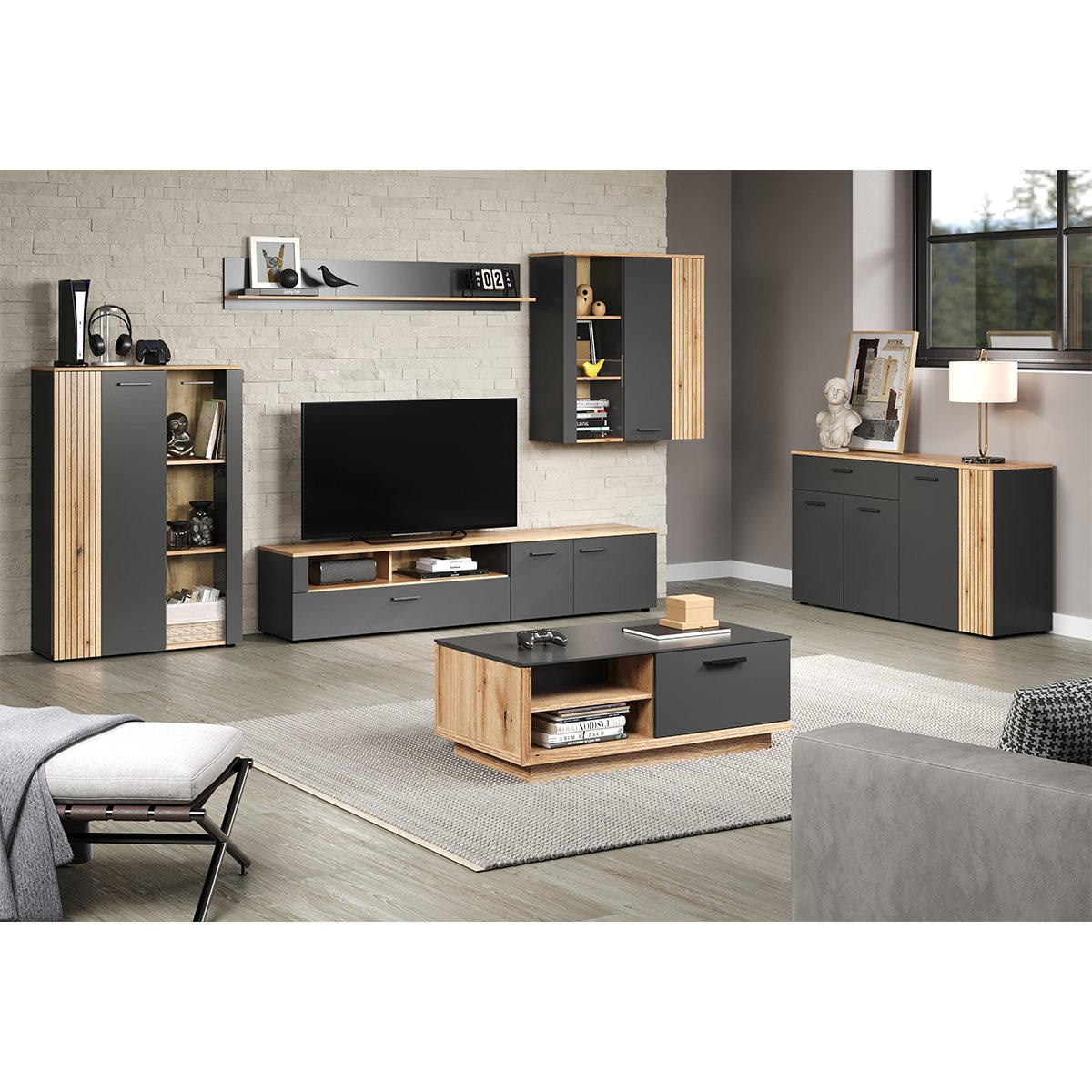 VITRINE Esteban Anthrazit - Anthrazit, Holzwerkstoff (90/99/34cm) - Trendteam