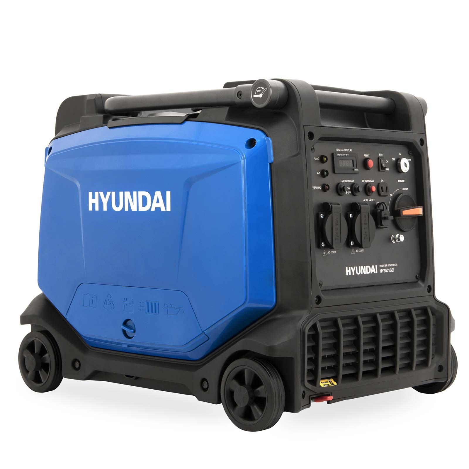 INVERTER Stromerzeuger HY3501SEi 3,8 kW Benzin Generator mit E-Start, 3,5 kW Dauerleistung, 2x 230V, USB, 12V - Blau, Metall (58/45/48cm) - HYUNDAI