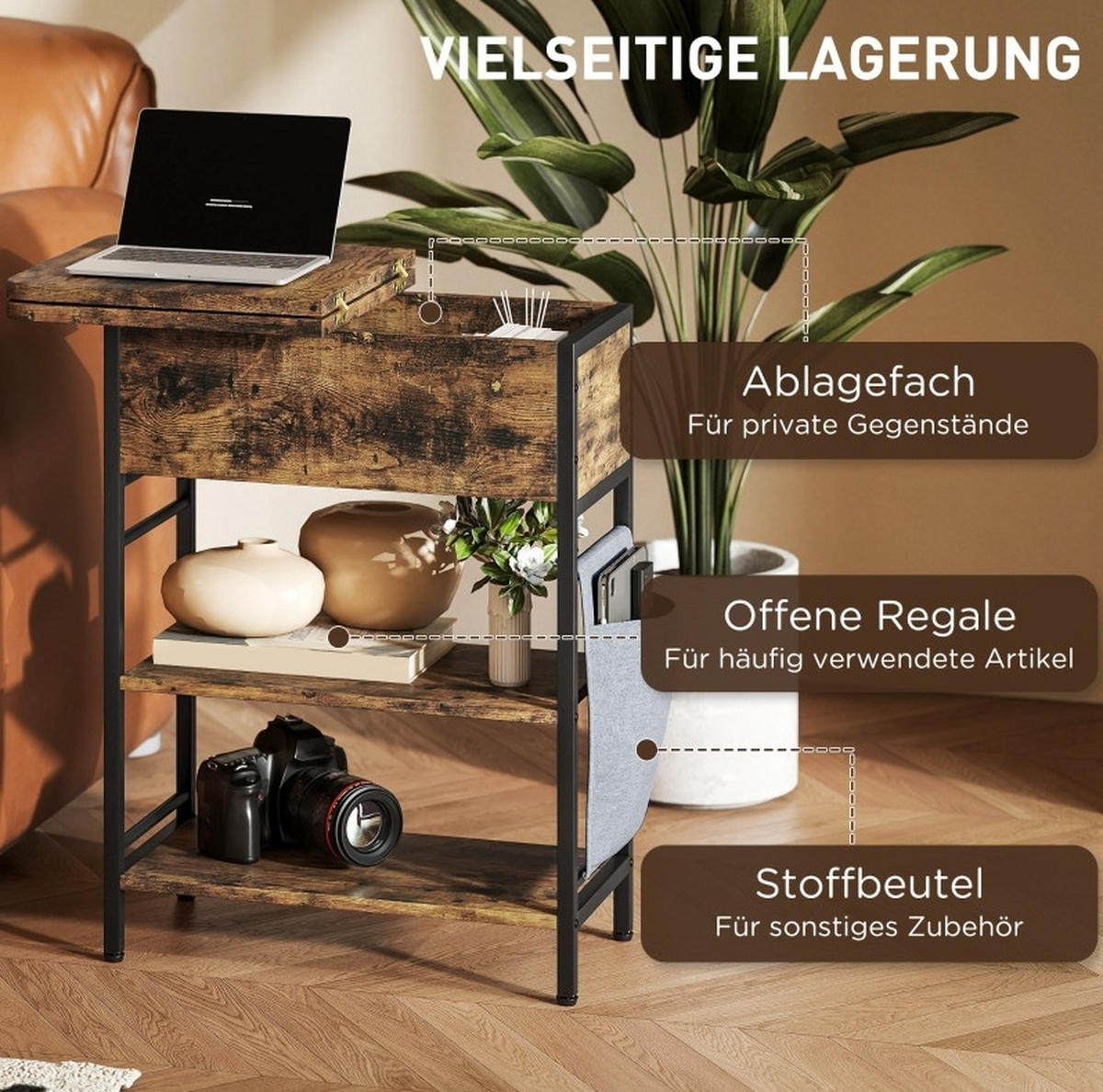 BEISTELLTISCH 60/58,5/29,8 cm Rustikal Braun aus Holz mit Steckdosenleiste - Braun, Holzwerkstoff (60/29.8/58.5cm) - OKMYHOME