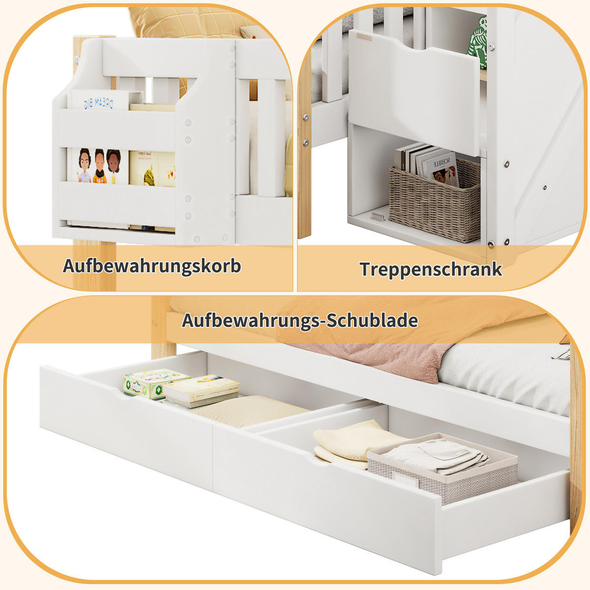 ETAGENBETT 140/200 cm Weiß-Natur mit Treppenschrank Stauraum und Schublade aus Massivholz - Weiß, Holzwerkstoff (90/200cm) - OKWISH