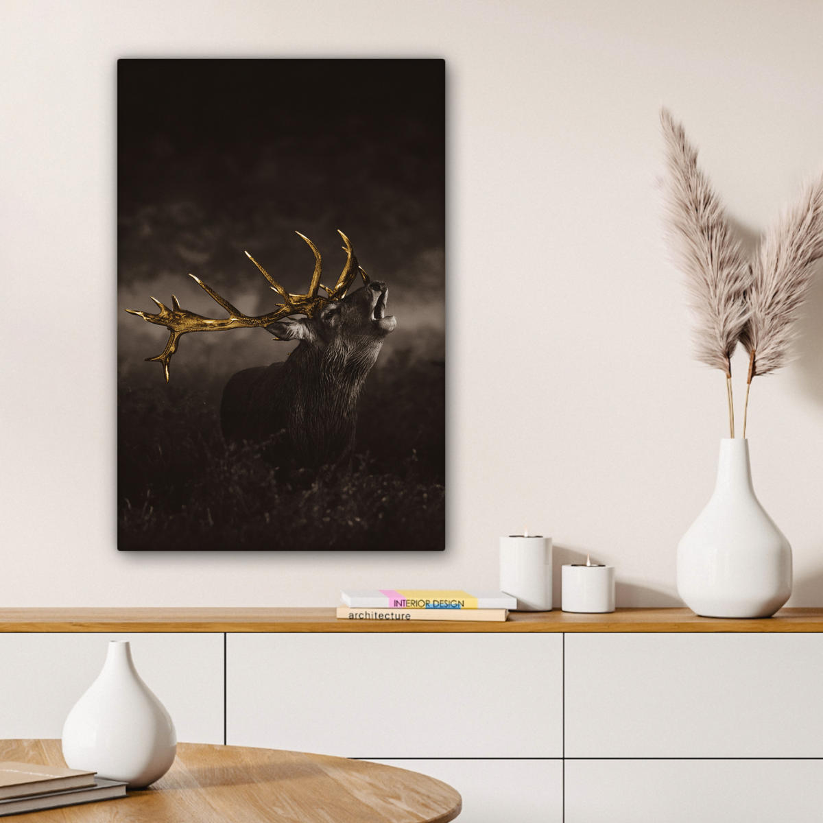 LEINWANDBILD Rotwild - Schwarz - Gold Wanddeko 40x60 cm - Braun, Textil (40/60cm) - MuchoWow