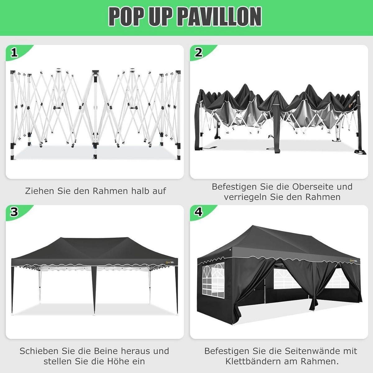 FALTPAVILLON 3x6m Wasserdicht UV50+ Schwarz mit Seitenwänden - Schwarz, Textil (300/203/600cm)